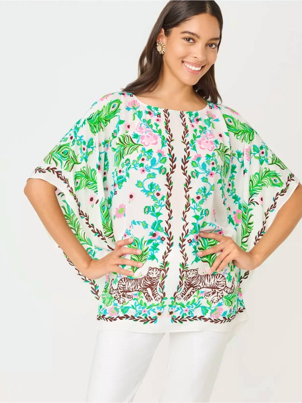 Floral Tiger Print Dolman/Poncho Top - White/Green/Pink. Brittian Caftan Tunic
